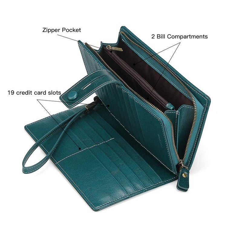 FT FUNTOR Women's Big Fat RFID Blocking Wallet Leather Zip Around Clutch Large Purse Phone Organizer Wristlet green - Image 3
